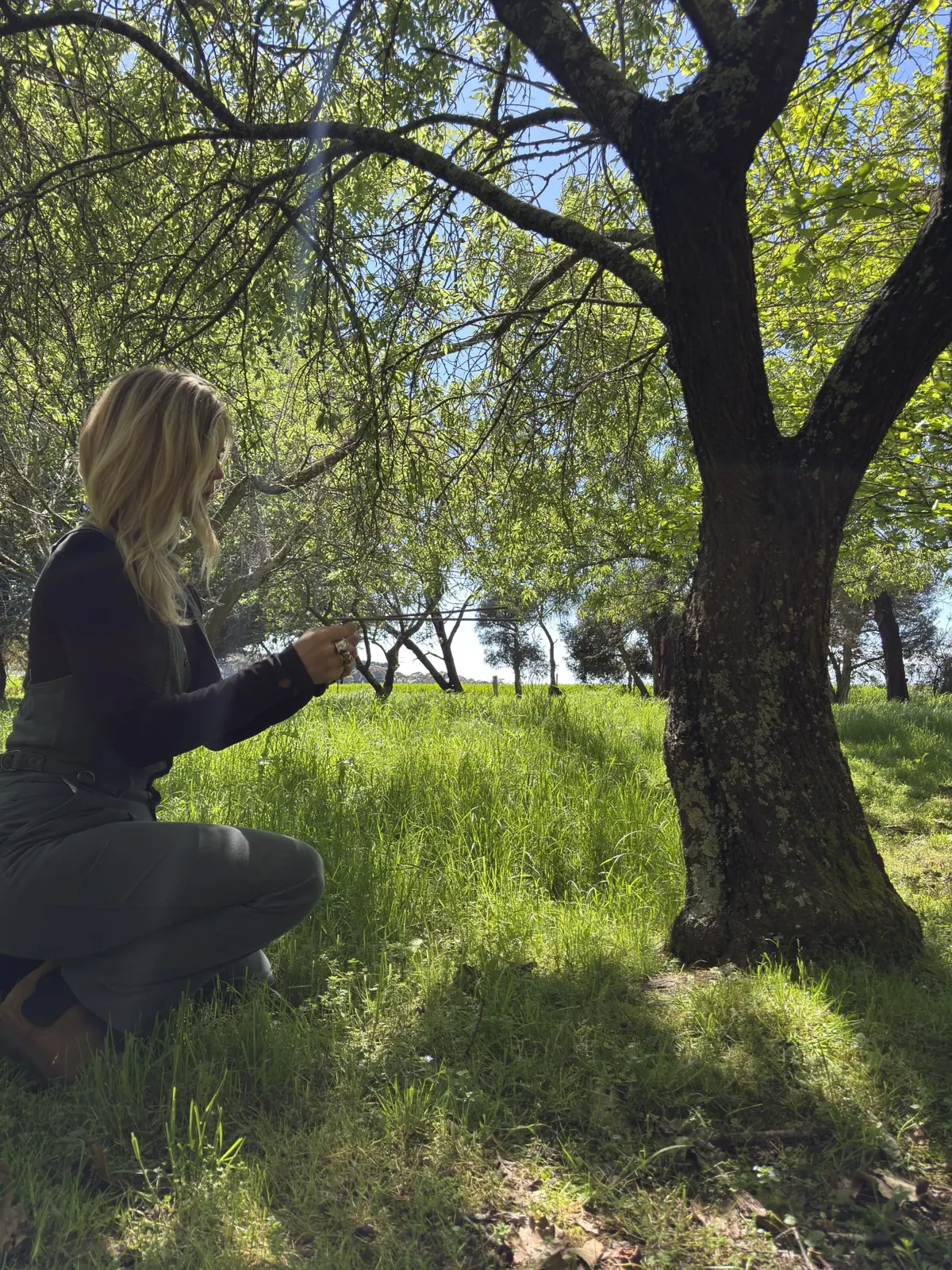 Kali kneeling beside a tree, exploring the landscape with dowsing rods